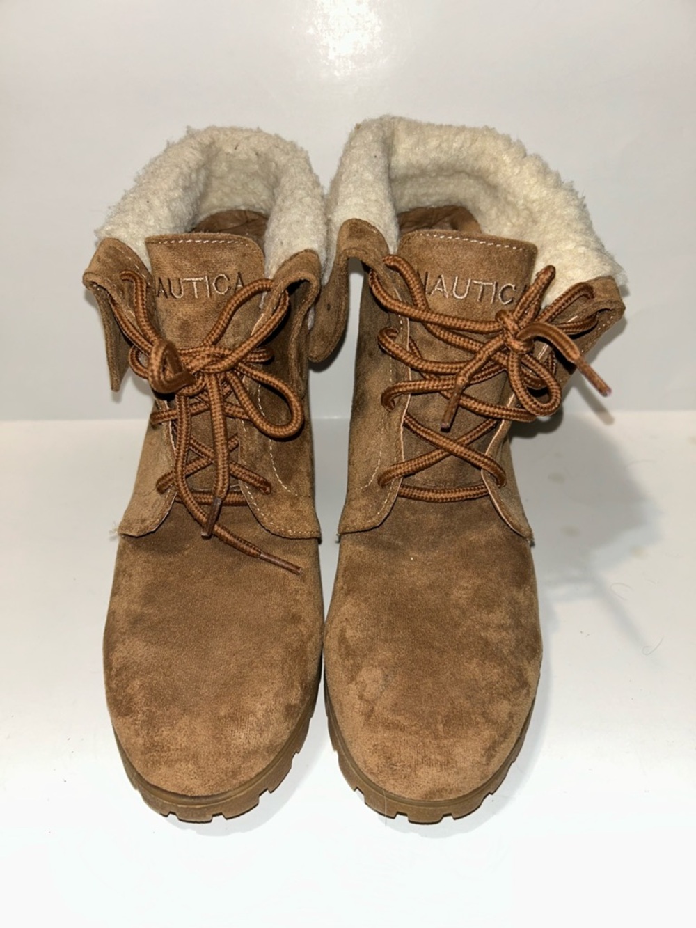 Nautica Tan Suede Shearling Collar Lace-Up Boots